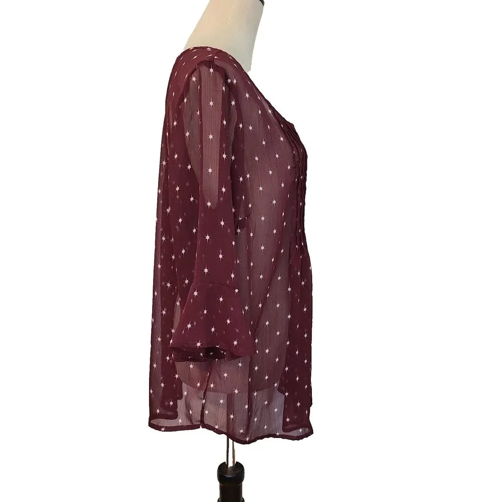 Torrid Burgundy Starburst Georgette Pleated Chiffon Blouse Boho Ruffle Slv Sz L - Picture 8 of 11